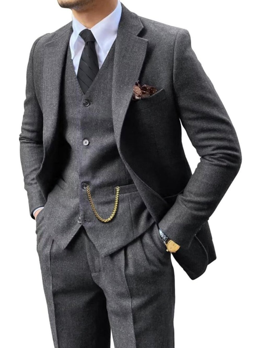 Vintage 3-Piece Tweed Herringbone Suit Set for Men - Slim Fit Jacket, Vest